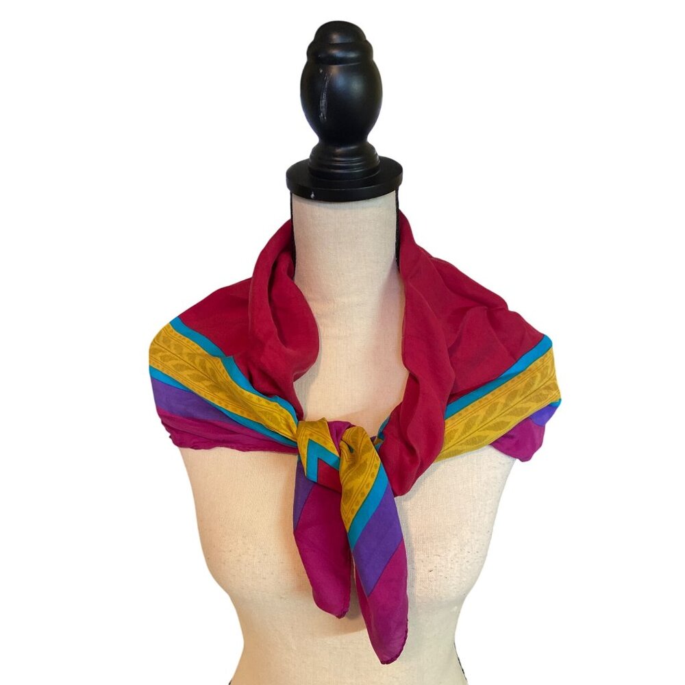 Vintage Anne Klein Womens Silk Scarf Square Red Purple Blue Geometric